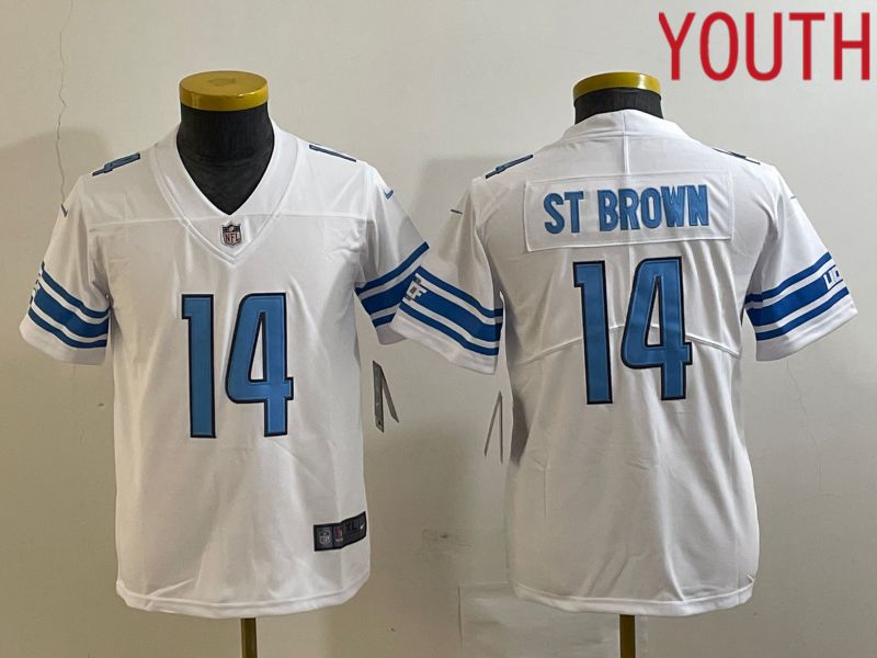 Youth Detroit Lions 14 St Brown White 2023 Nike Vapor Limited NFL Jersey style 1